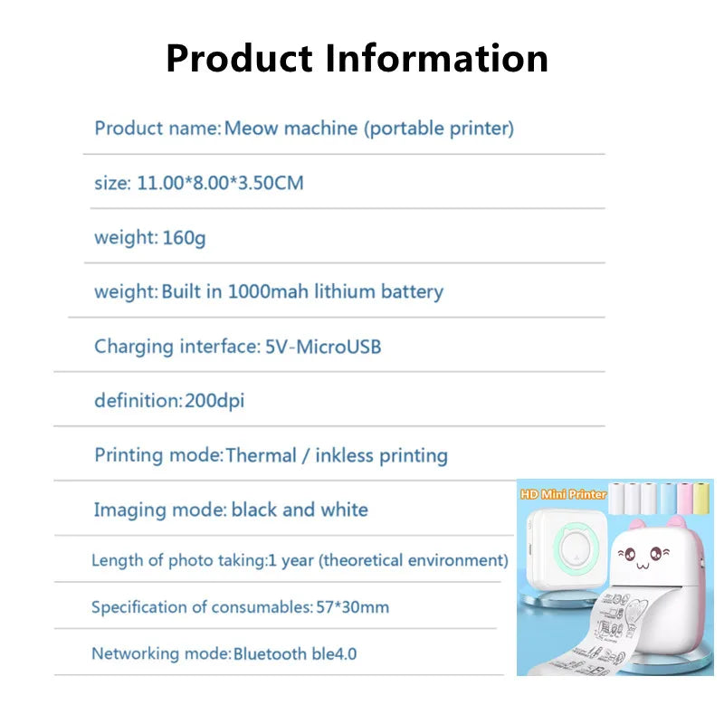 Mini Thermal Printer Smart Pocket Portable Label Sticker Printer 57mm Photo Printing Wireless BT 200dpi Android IOS HD Printers